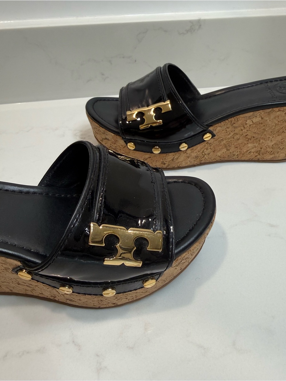 Tory Burch Black Patent Cork Wedge Slides with Gold Logo